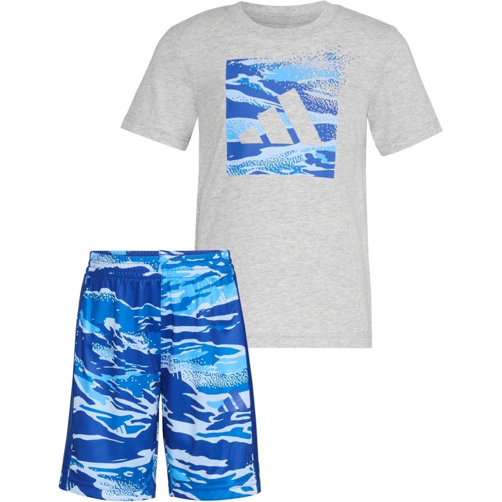 imageadidas boys Short Sleeve Cotton Heather Tee Shirt and Aop Camo Short SetMedium Grey Heather