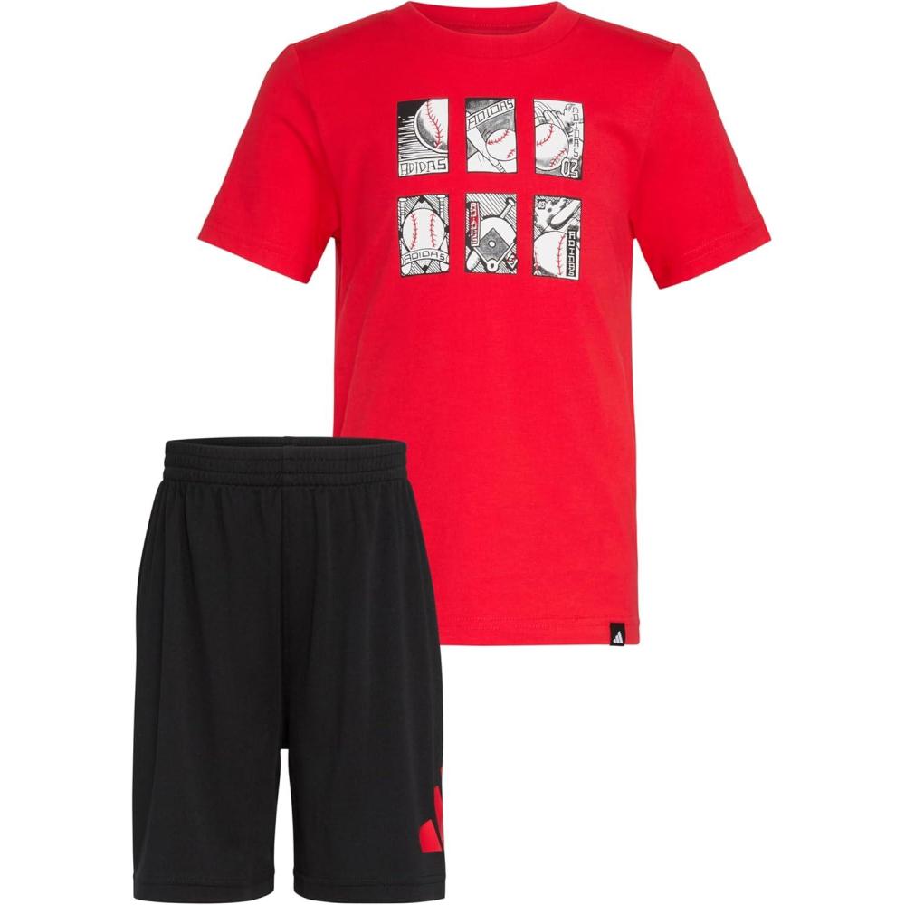imageadidas boys Short Sleeve Cotton Tee Shirt and Logo Short SetPure Ruby
