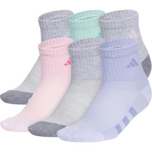 adidas Unisex Kids Quarter Ankle Socks for Boys and Girls Youth (6-Pack) Athletic Cushioned and Comfortable(Cool Light Heather/Grey/Semi Flash Aqua Blue/Girls)