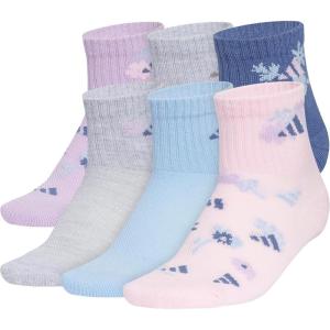 adidas Unisex Kids Quarter Ankle Socks for Boys and Girls Youth (6-Pack) Athletic Cushioned and Comfortable(Powder Plum Purple/Glow Blue/Clear Pink/Girls)