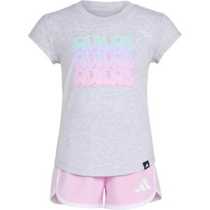 adidas baby-girls Cap Sleeve Heather Tee Shirt and Woven Short Set(Light Grey Heather)