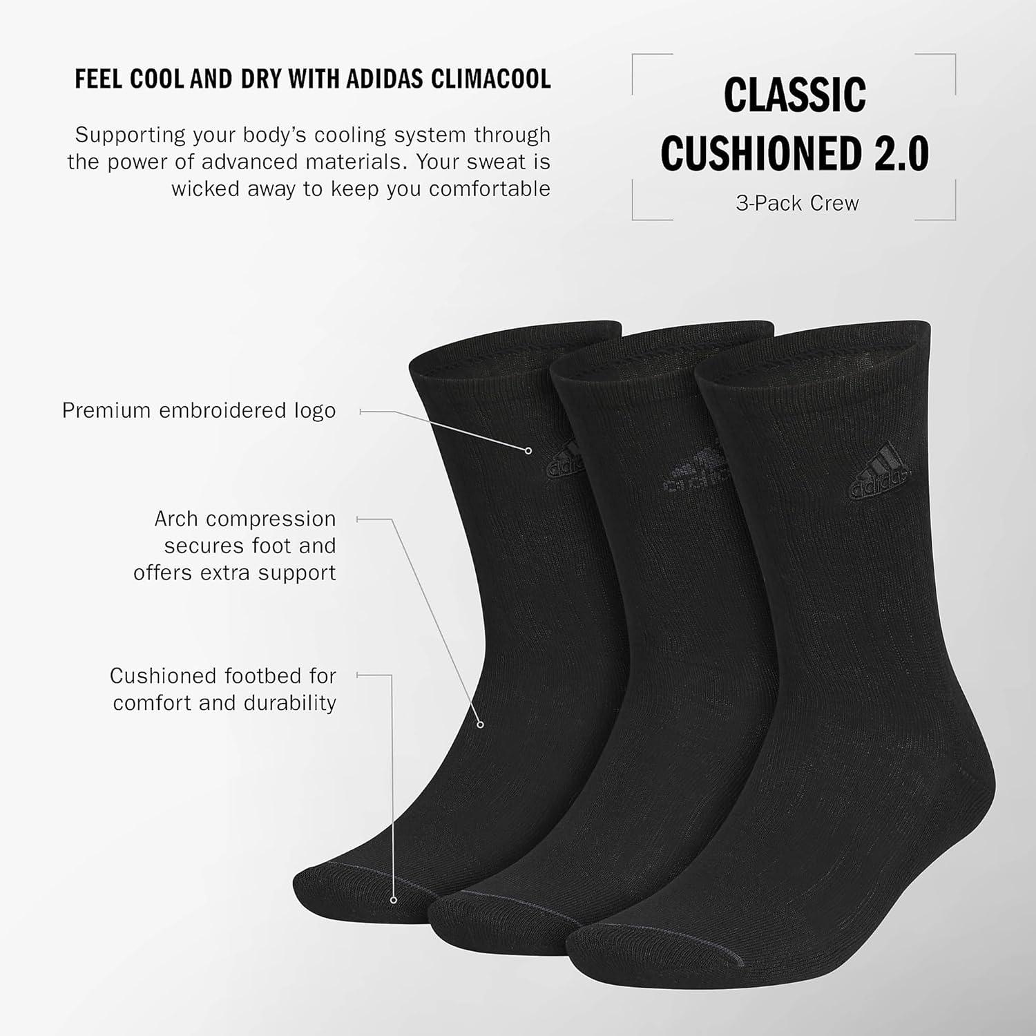 imageadidas Mens Crew Socks 3Pack with Logo or StripedBlackNight GreyClassic
