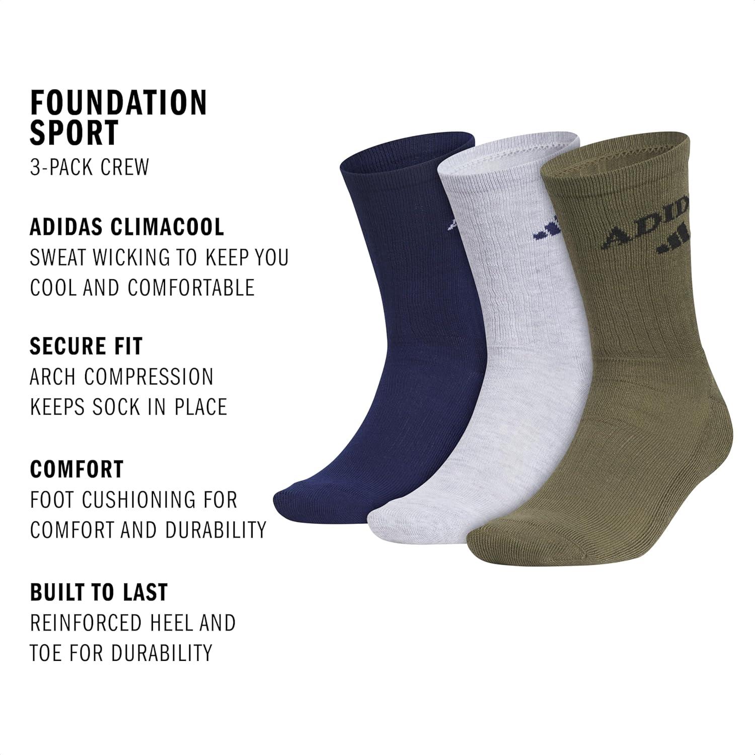 imageadidas Mens Crew Socks 3Pack with Logo or StripedDark BlueCool Light HeatherOlive Strata GreenFoundation
