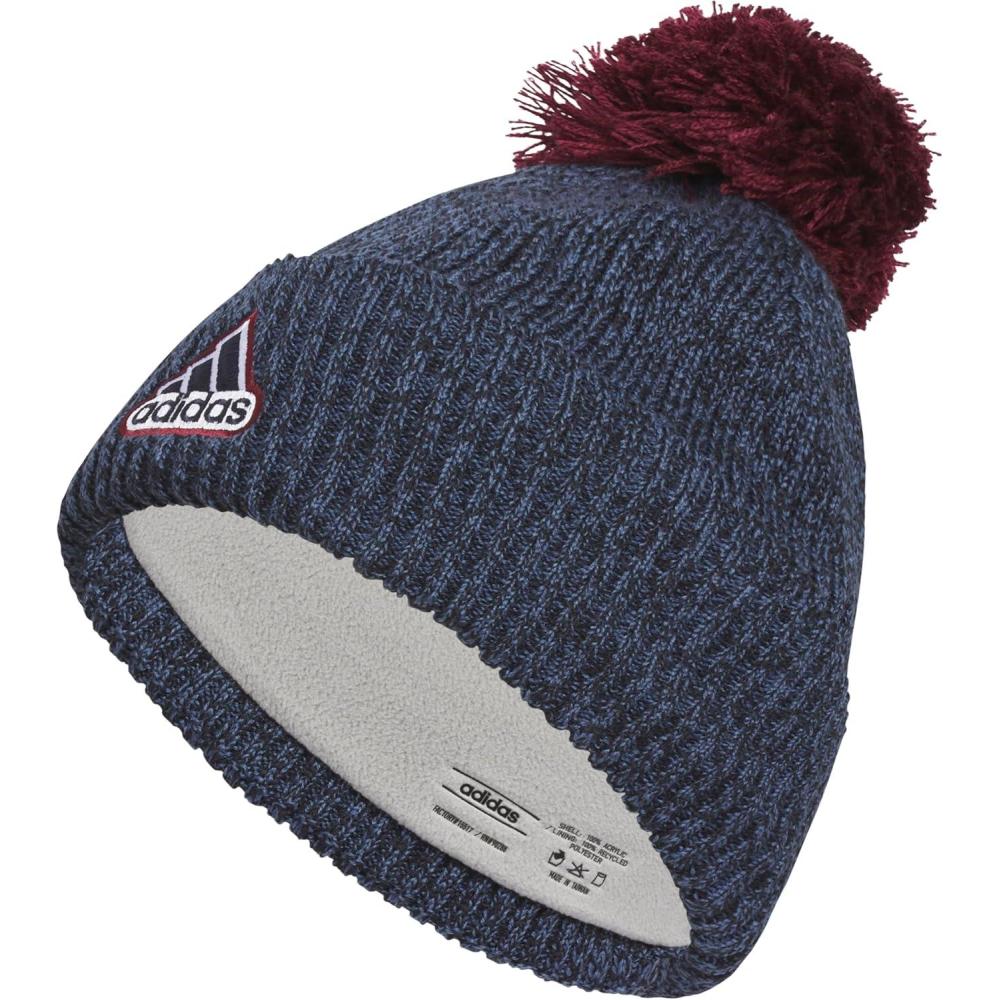 imageAdidas Mens Recon Ballie Beanie Standard Fit Cuffed Winter Knit Hat with PomLegend Ink Navypreloved Ink NavyWhiteShadow Red