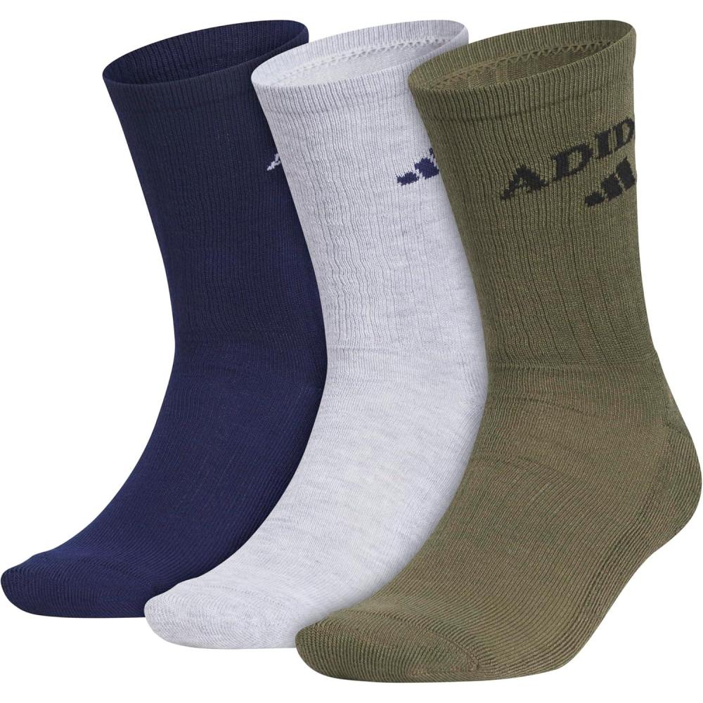 imageadidas Mens Crew Socks 3Pack with Logo or StripedDark BlueCool Light HeatherOlive Strata GreenFoundation