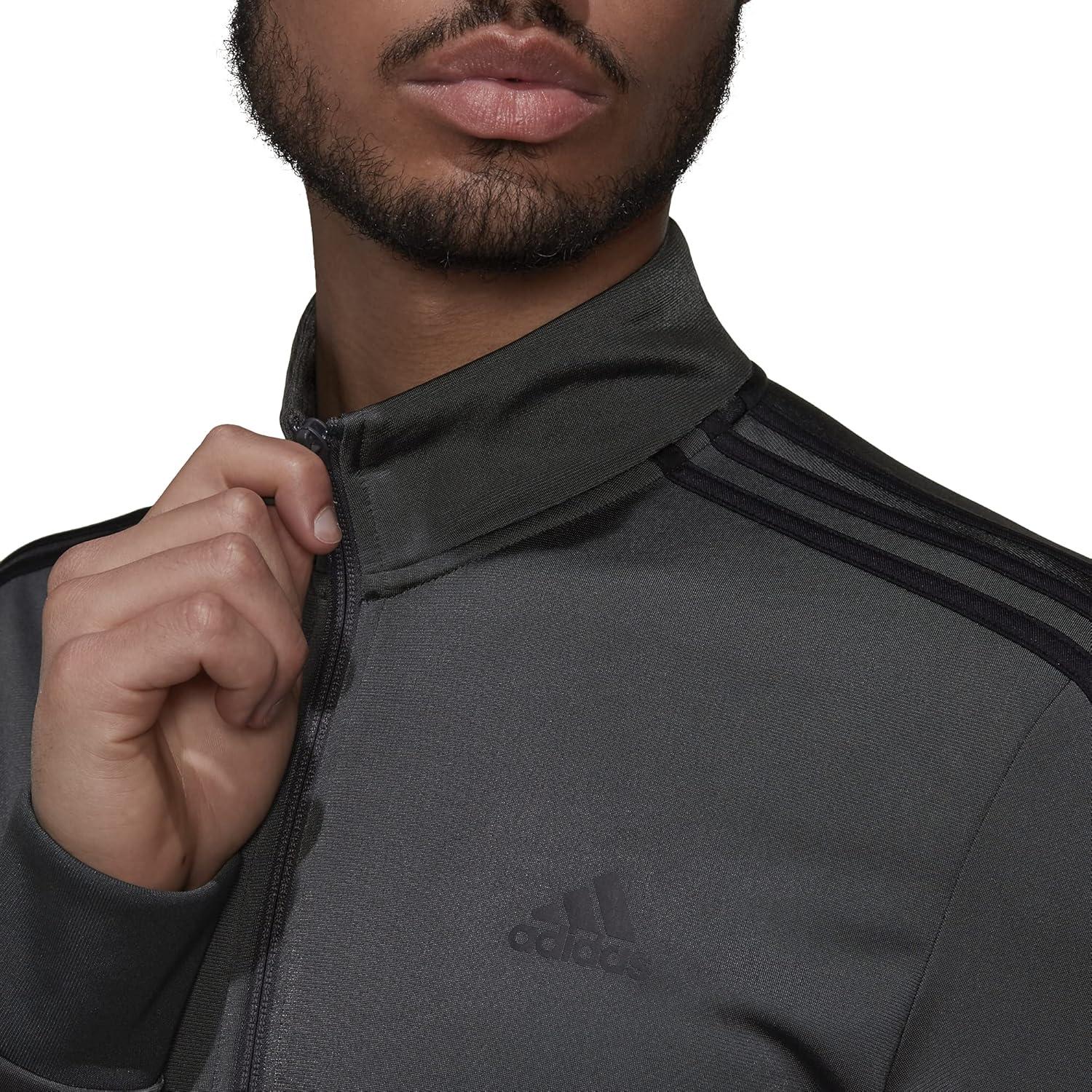 imageadidas mens Essentials Warmup 3stripes Track TopDark Grey HeatherBlack