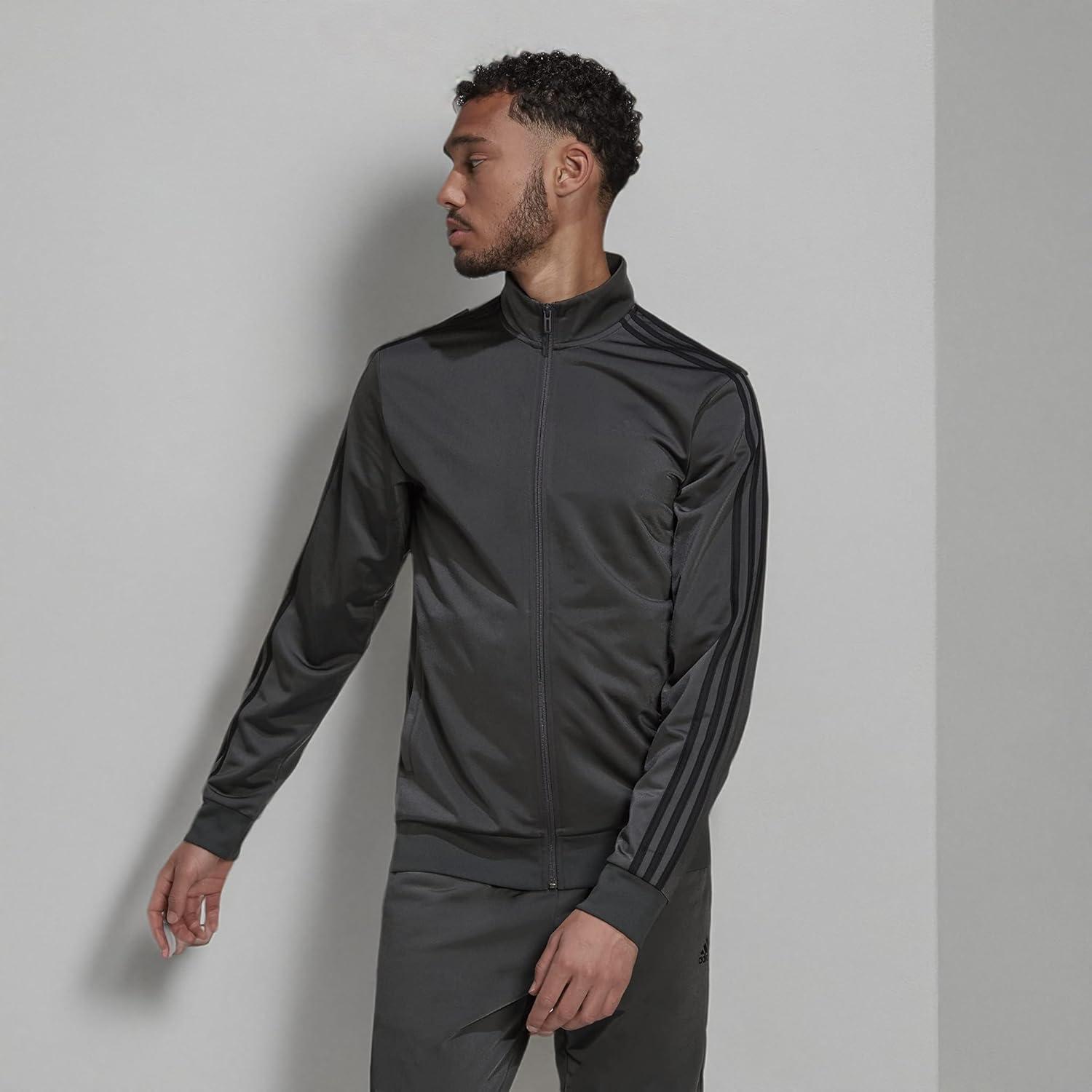 imageadidas mens Essentials Warmup 3stripes Track TopDark Grey HeatherBlack