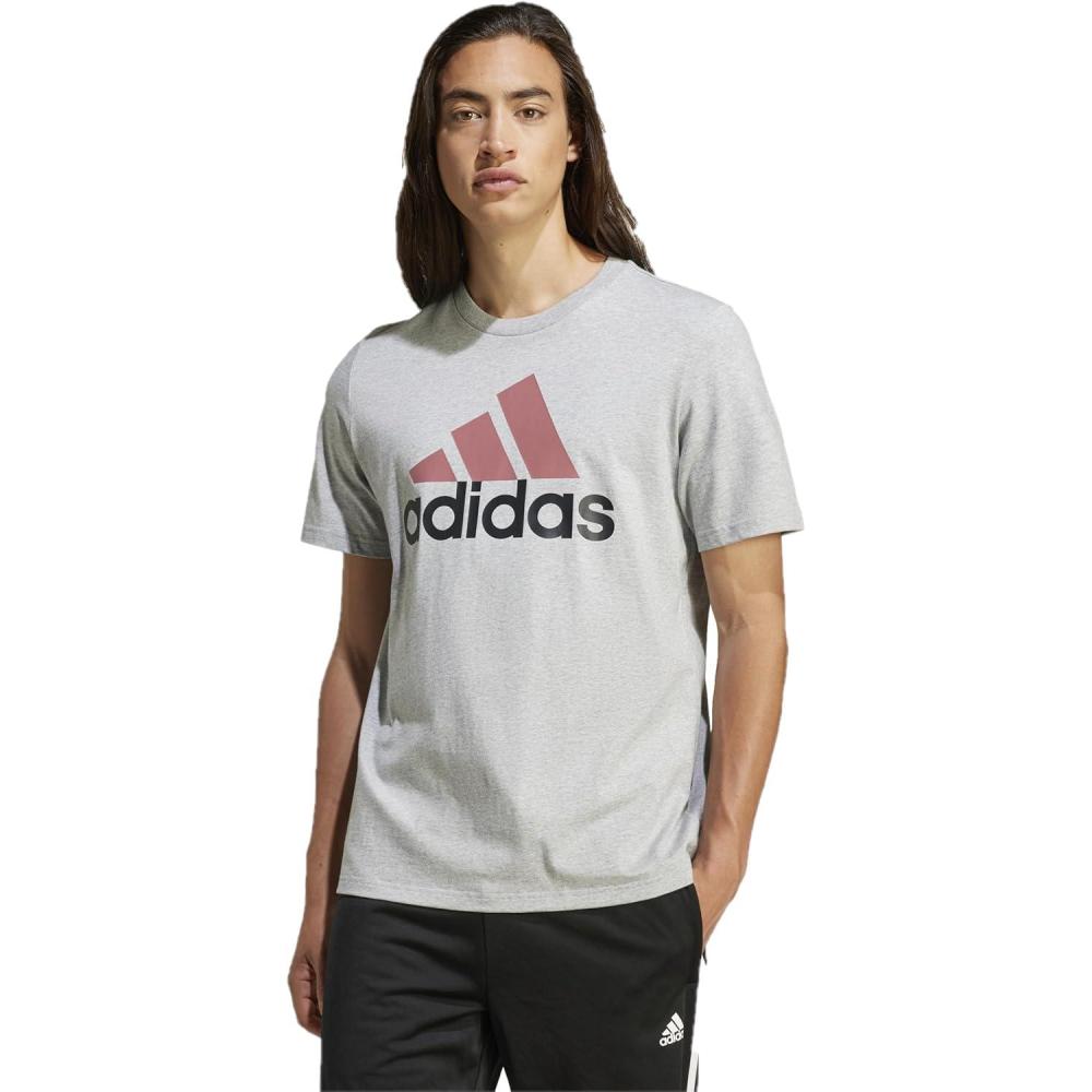 imageadidas Mens Essentials Single Jersey 3Stripes TShirtMedium Grey HeatherPreloved CrimsonBlack