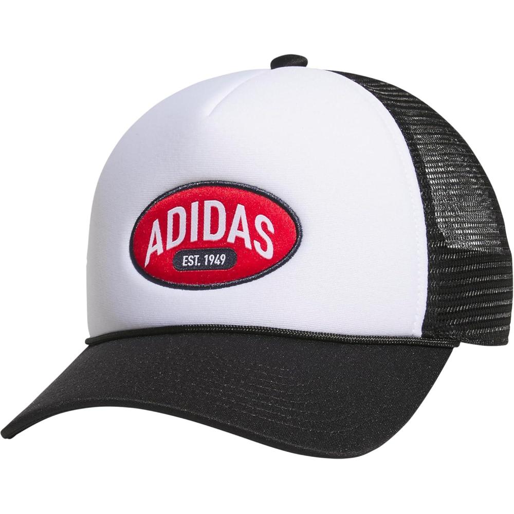 imageadidas Mens Foam Front Mesh Back Snapback Adjustable Fit Trucker HatWhiteBlackBetter Scarlet