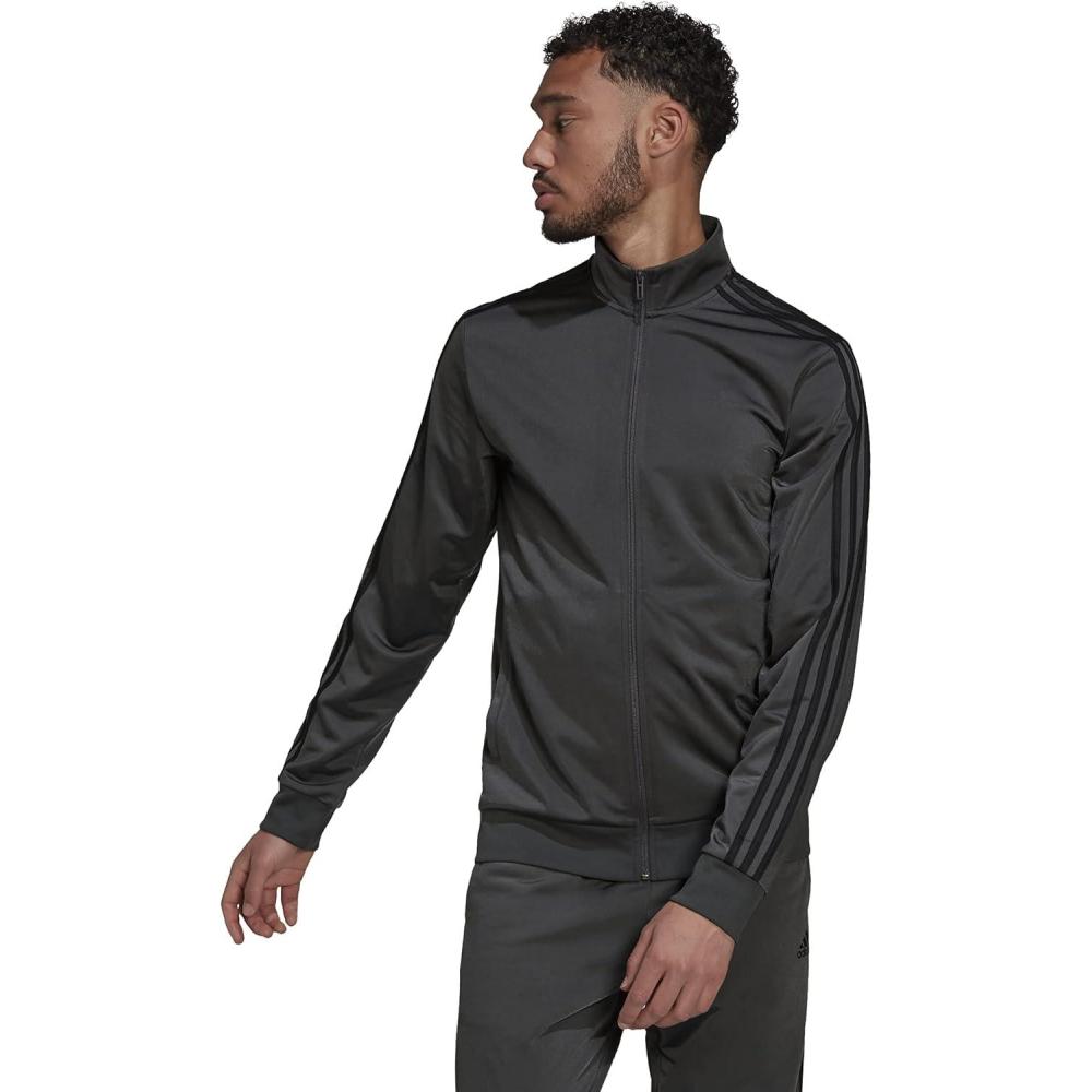 imageadidas mens Essentials Warmup 3stripes Track TopDark Grey HeatherBlack