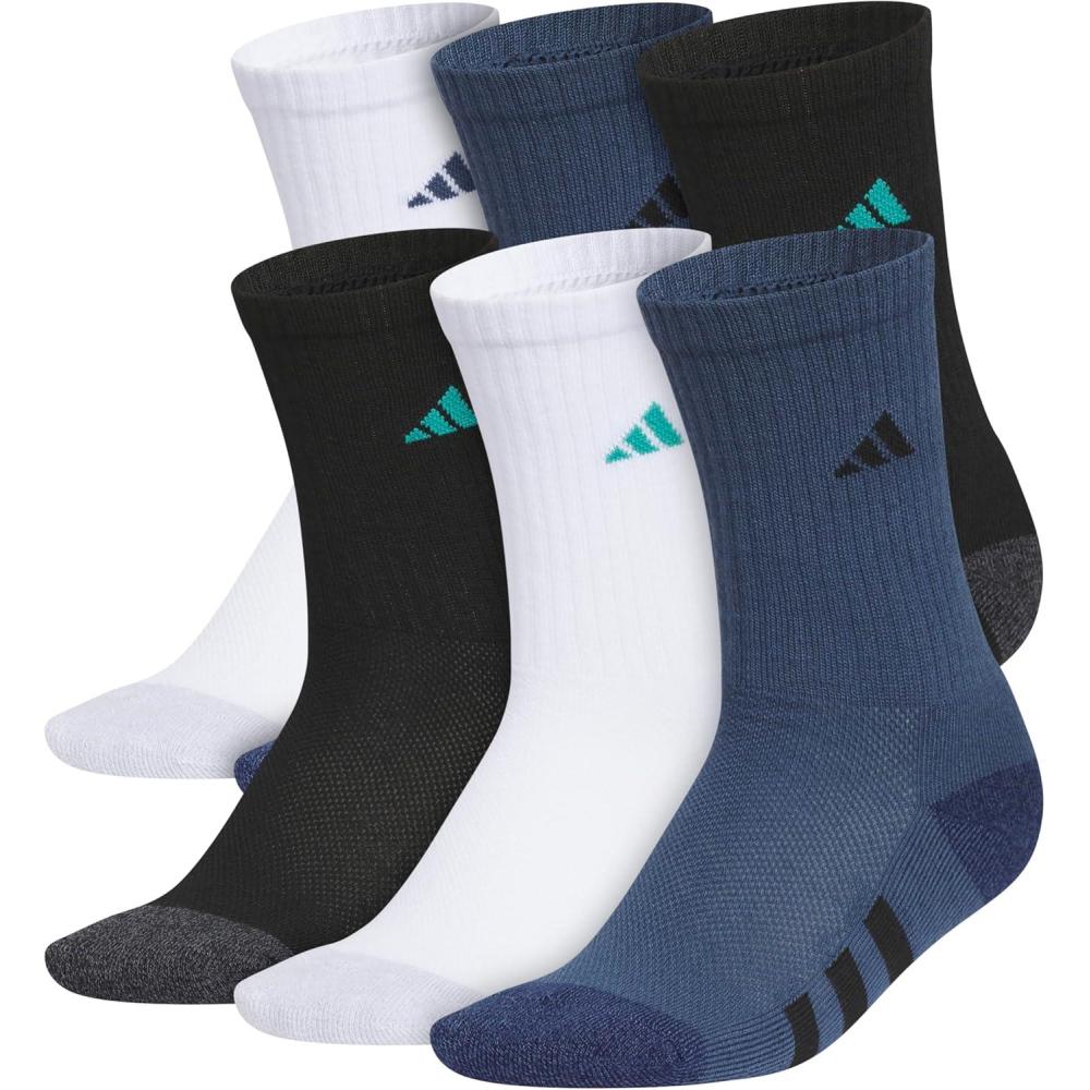 imageadidas Unisex Kids Crew Socks for Boys and Girls Youth 6pack Athletic Cushioned and Comfortable Tall MidcalfWhitePure Teal GreenMineral Blue