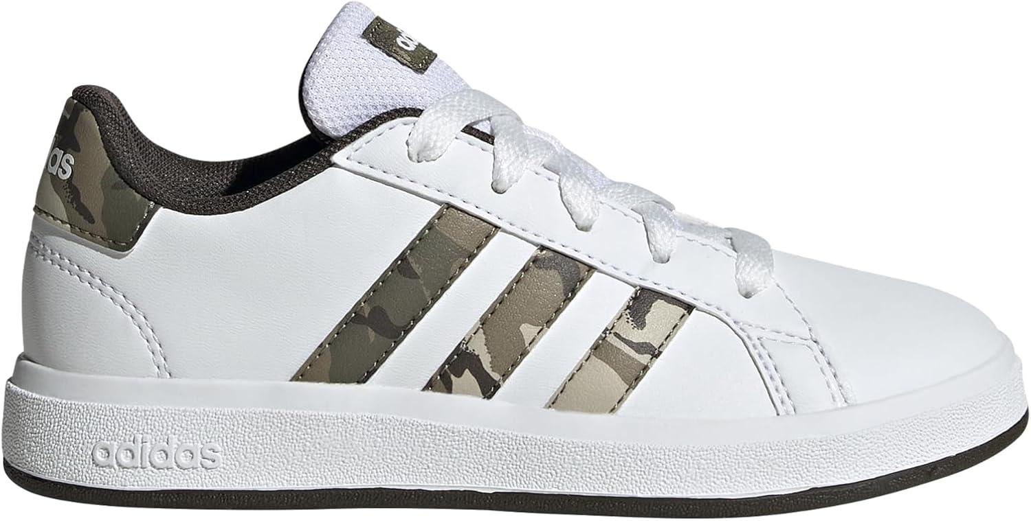 imageadidas Kids Grand Court 20 Elastic Lace ampamp Strap ShoesWhiteOlive StrataShadow Olive