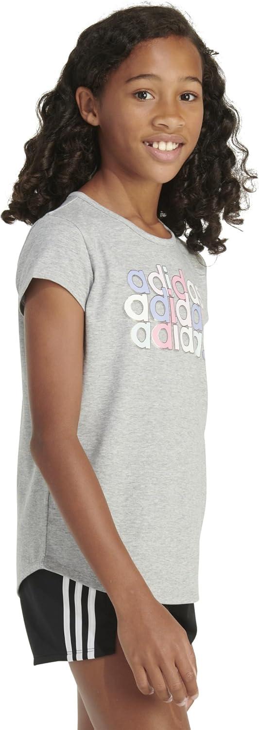 imageAdidas Girls Short Sleeve Cotton Scoop Neck Tee TShirtGrey Heather Pink Multi