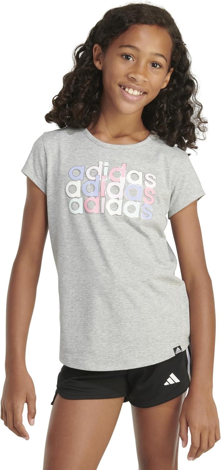 imageAdidas Girls Short Sleeve Cotton Scoop Neck Tee TShirtGrey Heather Pink Multi