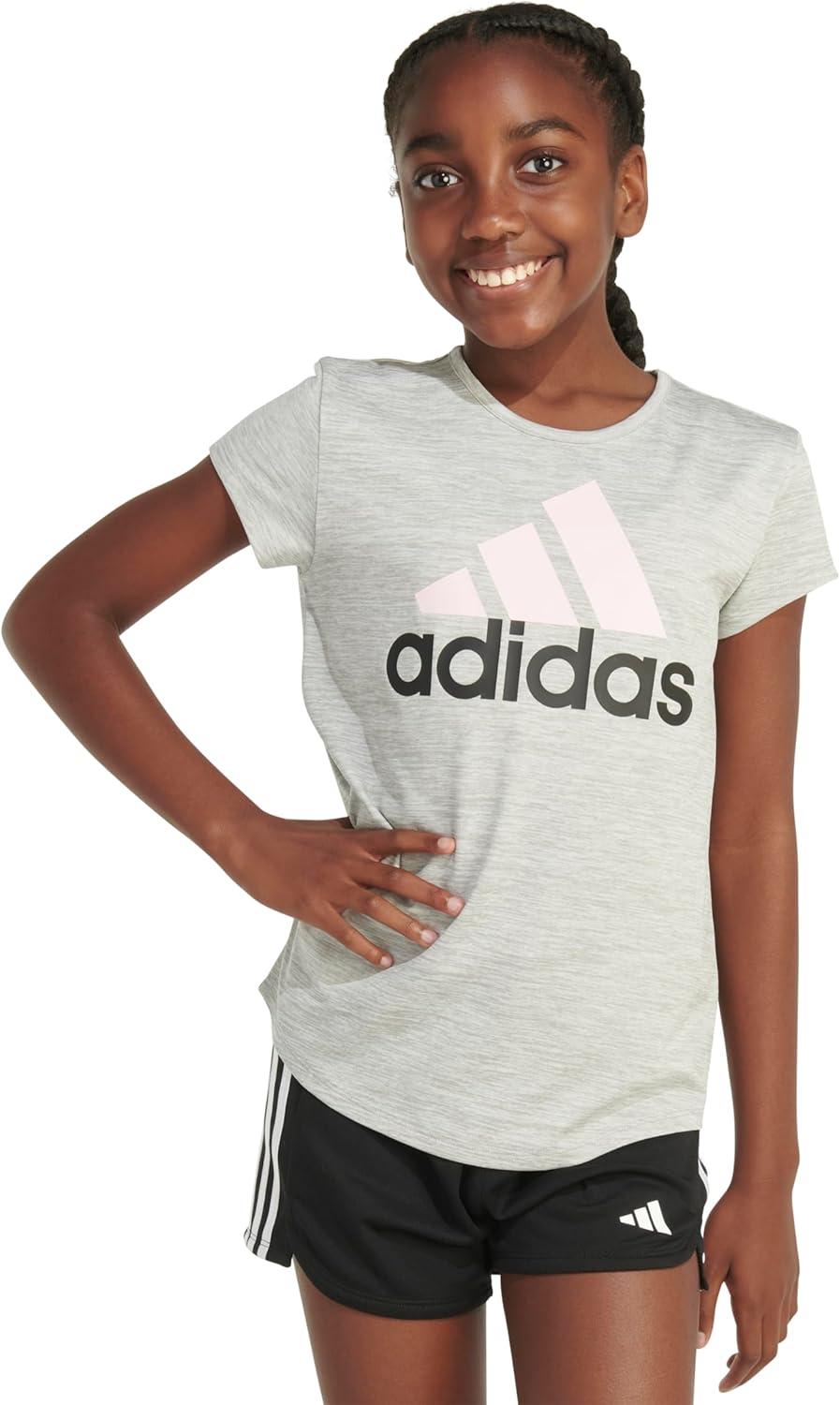 imageAdidas Girls Short Sleeve Cotton Scoop Neck Tee TShirtGrey Heather With Pink