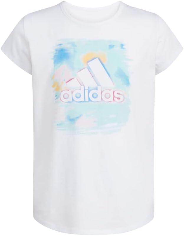 imageAdidas Girls Short Sleeve Cotton Scoop Neck Tee TShirtWhite With Light Blue