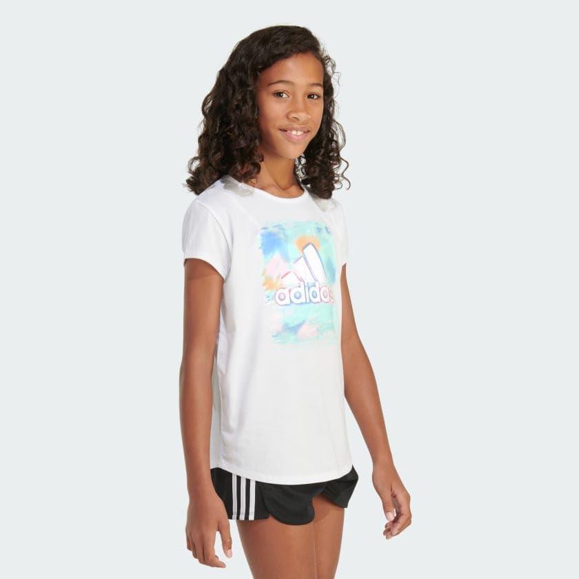 imageAdidas Girls Short Sleeve Cotton Scoop Neck Tee TShirtWhite With Light Blue