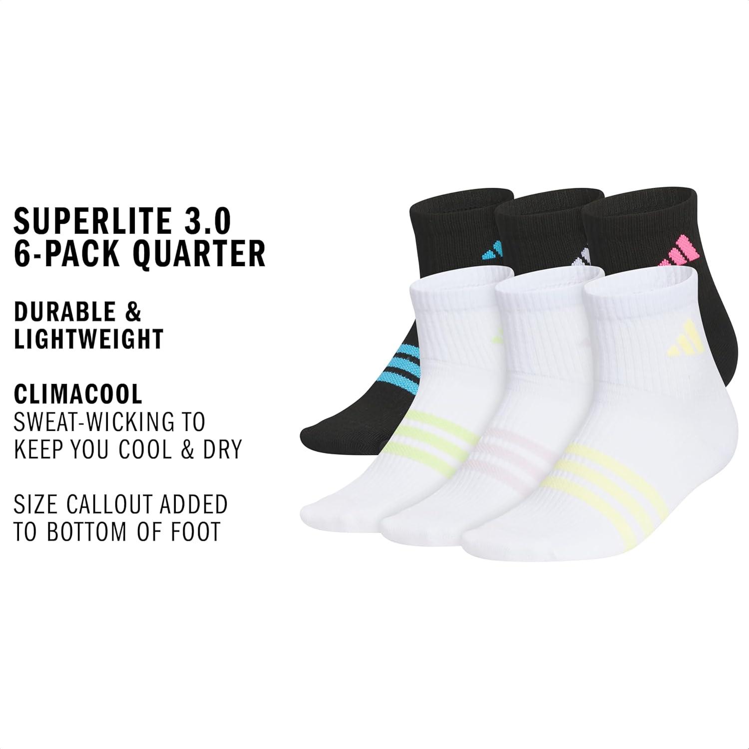 imageadidas Unisex Kids Quarter Ankle Socks for Boys and Girls Youth 6pack Superlite Breathable and Lightweight DiscontinuedBlackLucid AquamarineWhiteGirls