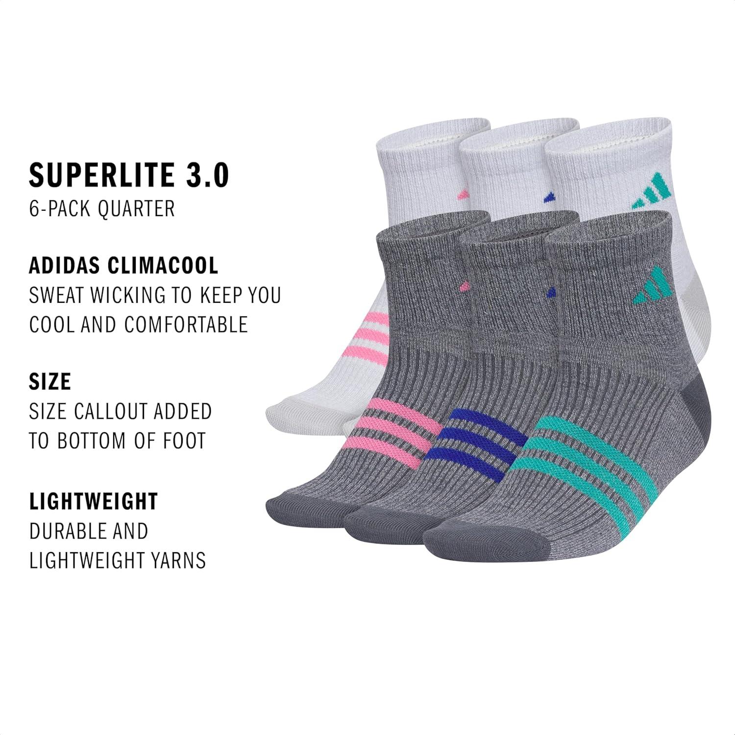 imageadidas Unisex Kids Quarter Ankle Socks for Boys and Girls Youth 6pack Superlite Breathable and Lightweight DiscontinuedWhiteClear Onix GreyPink FusionGirls