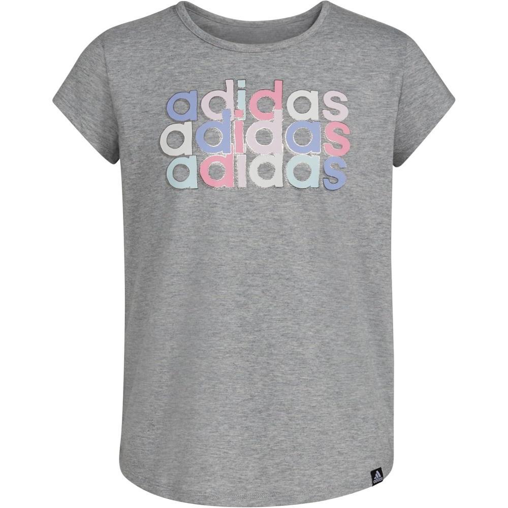 imageAdidas Girls Short Sleeve Cotton Scoop Neck Tee TShirtGrey Heather Pink Multi