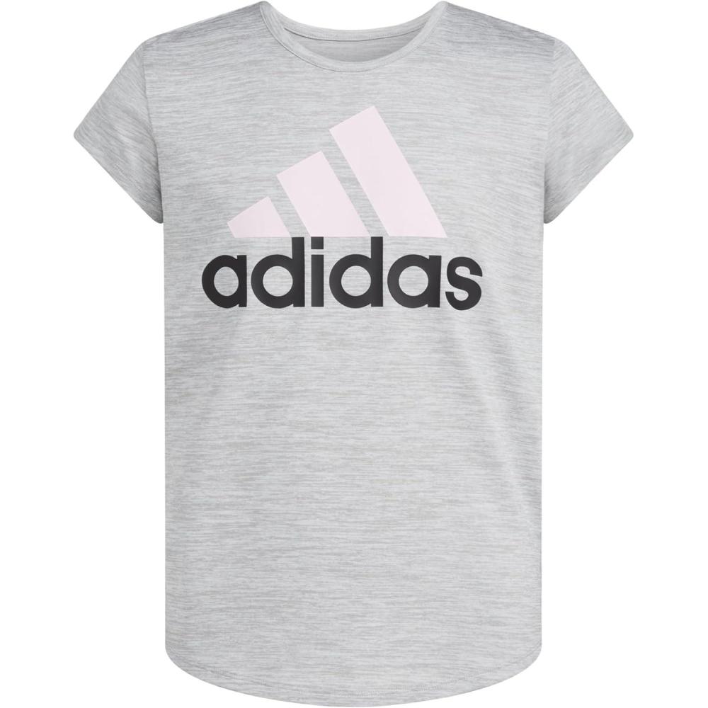 imageAdidas Girls Short Sleeve Cotton Scoop Neck Tee TShirtGrey Heather With Pink