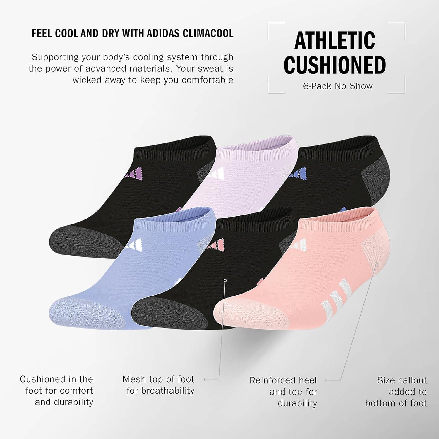 imageadidas Unisex Kids No Show Socks for Boys and Girls 6Pack Athletic Cushioned Low Profile Below AnkleBlackPreloved PurpleIce LavenderGirls