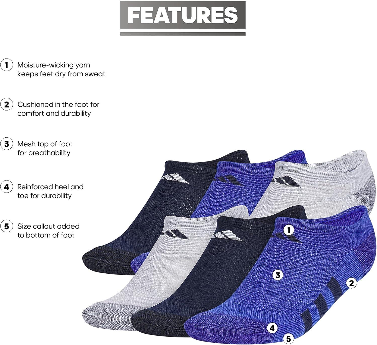 imageadidas Unisex Kids No Show Socks for Boys and Girls 6Pack Athletic Cushioned Low Profile Below AnkleCool Light HeatherCollegiate NavySemi Lucid Blue
