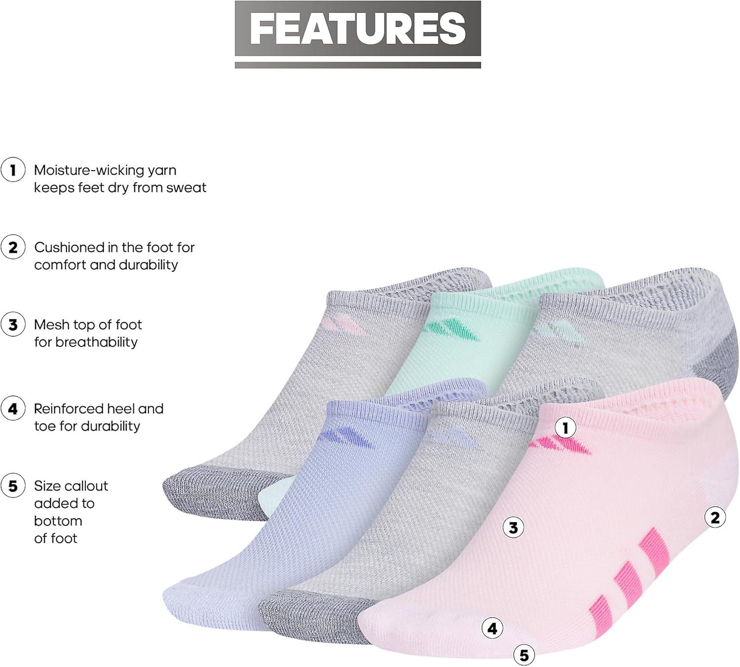 imageadidas Unisex Kids No Show Socks for Boys and Girls 6Pack Athletic Cushioned Low Profile Below AnkleCool Light HeatherGreySemi Flash Aqua BlueGirls