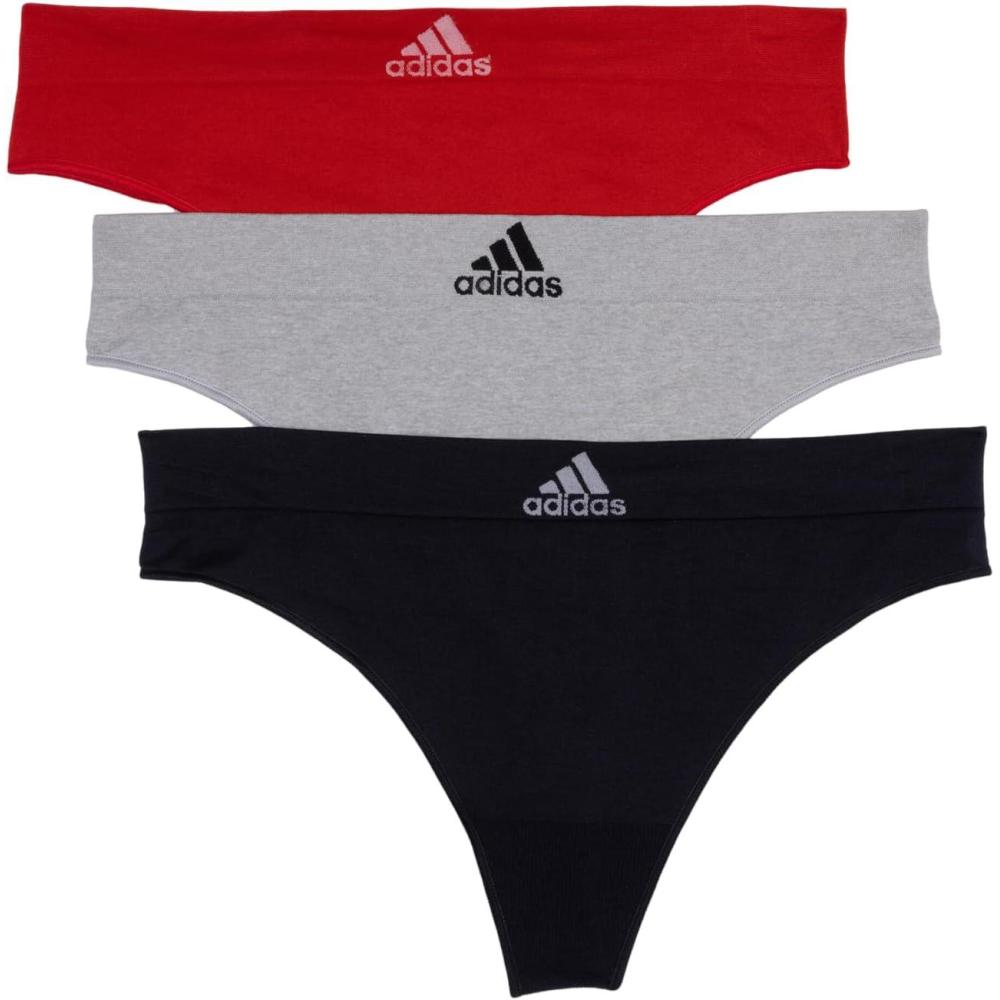 imageadidas womens Seamless Thong Underwear 3packBlack With StripesHeather GreyVivid Red