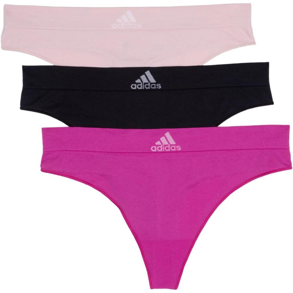 imageadidas womens Seamless Thong Underwear 3packBlack With StripesPeach WhipSemi Lucid Fuchsia