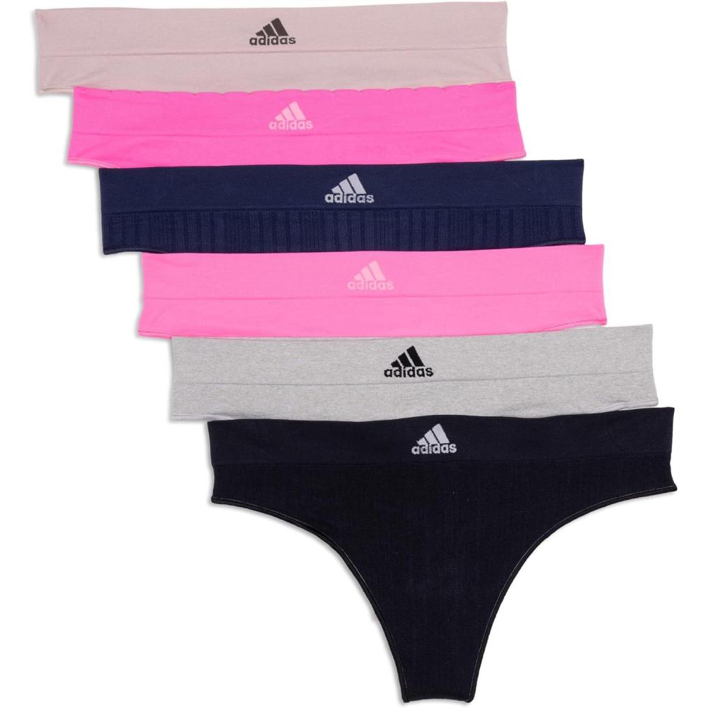 imageadidas womens Seamless Thong Underwear 3packNight Indigo RibbedLucid PinkWonder TaupeBlack RibbedHeather GreyLucid Pink