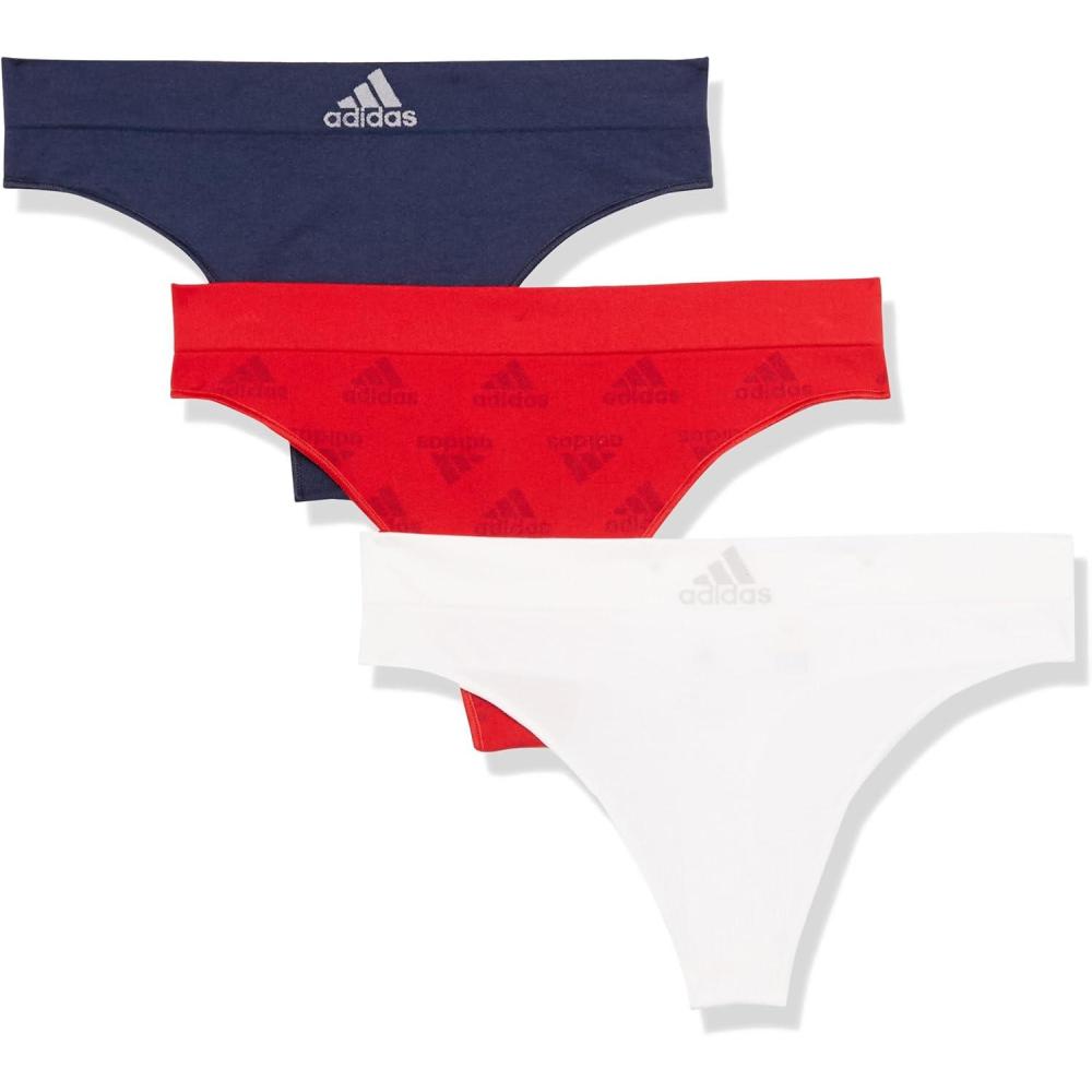 imageadidas womens Seamless Thong Underwear 3packVivid Red W Logo JacqWhiteNight Indigo