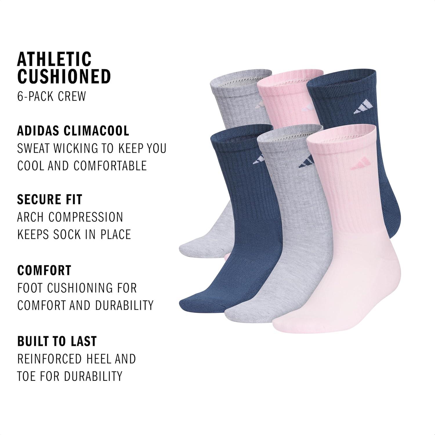 imageadidas Womens Athletic Cushioned Crew Socks 6Pack Durable MoistureWicking Cushioned Arch Support Socks for WomenCool Light HeatherClear PinkDark Blue