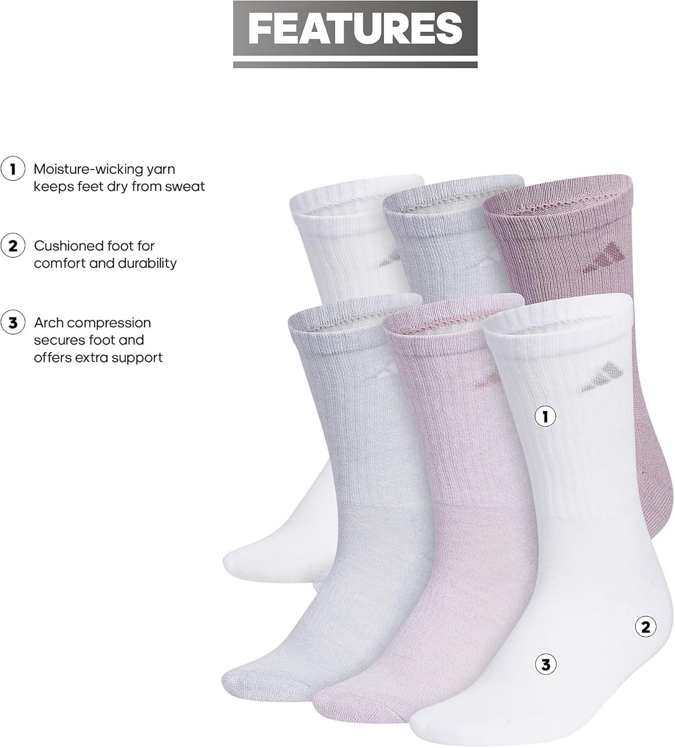 imageadidas Womens Athletic Cushioned Crew Socks 6Pack Durable MoistureWicking Cushioned Arch Support Socks for WomenPreloved Fig PurpleClear Onix GreyWhite