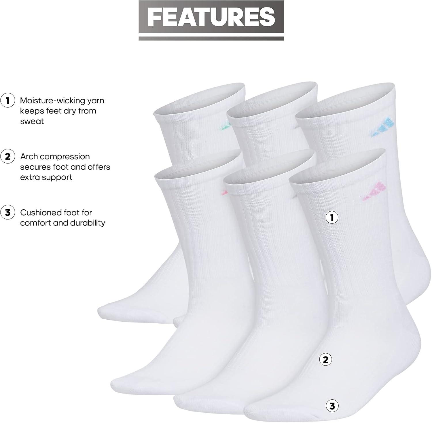 imageadidas Womens Athletic Cushioned Crew Socks 6Pack Durable MoistureWicking Cushioned Arch Support Socks for WomenWhiteClear Sky BlueBliss Lilac Purple