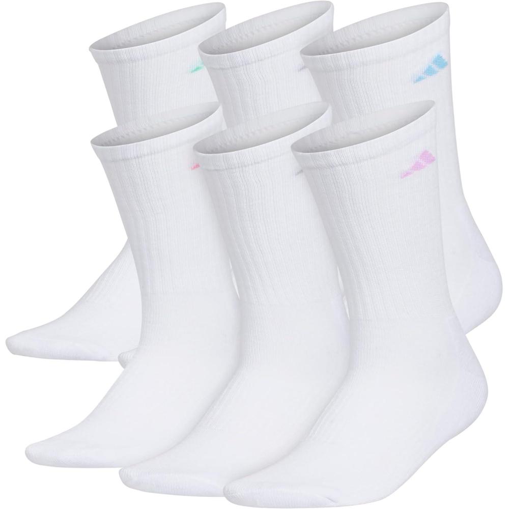 imageadidas Womens Athletic Cushioned Crew Socks 6Pack Durable MoistureWicking Cushioned Arch Support Socks for WomenWhiteClear Sky BlueBliss Lilac Purple