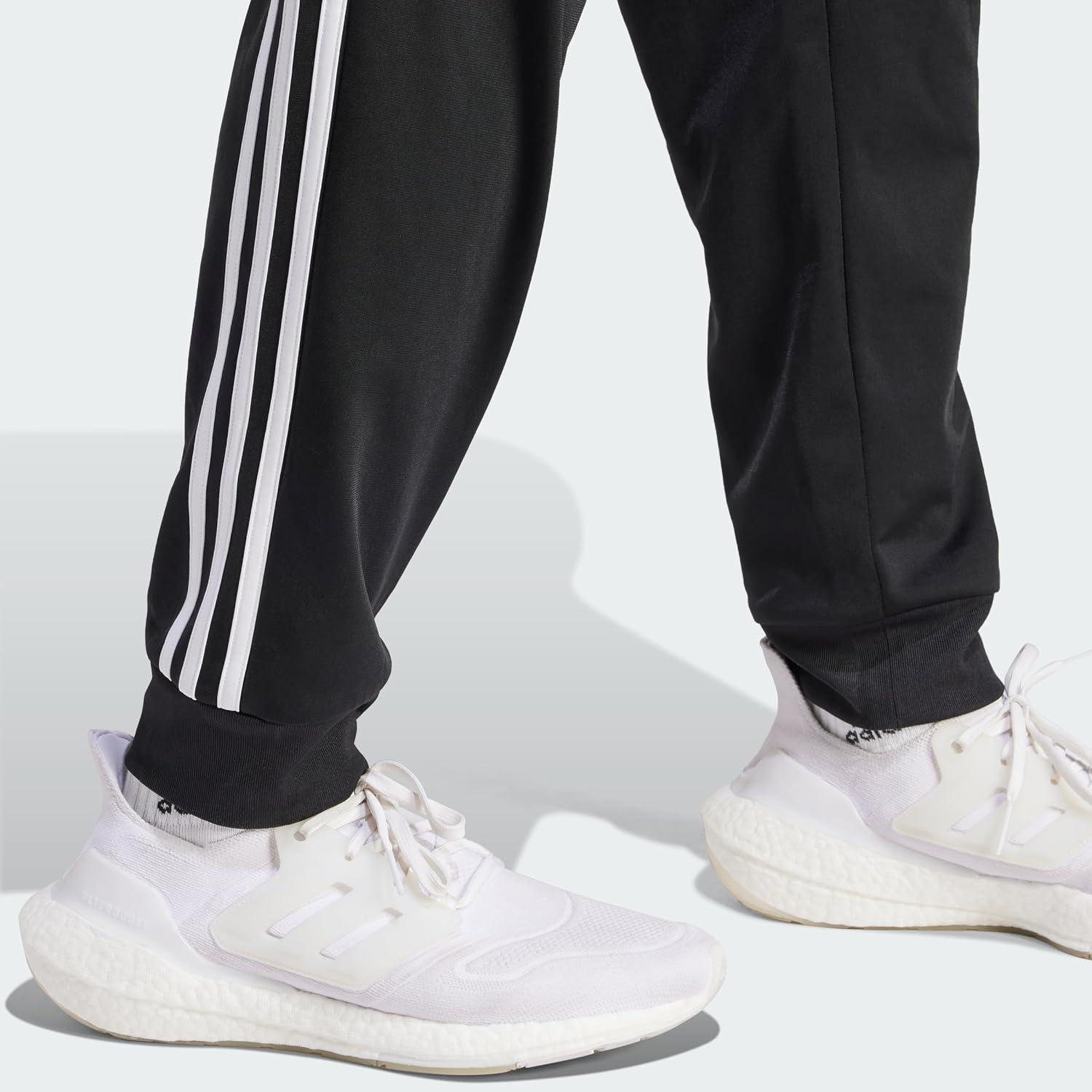 imageAdidas Mens Essentials WarmUp Slim Tapered 3Stripes Tracksuit Bottoms BlackWhite LargeBlackWhite