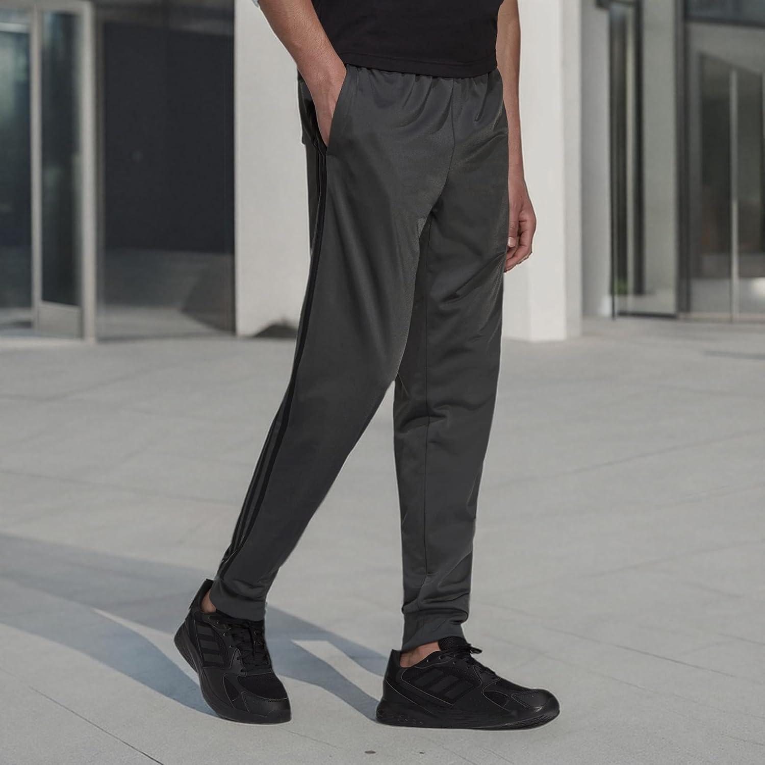 imageAdidas Mens Essentials WarmUp Slim Tapered 3Stripes Tracksuit Bottoms BlackWhite LargeDark Grey HeatherBlack