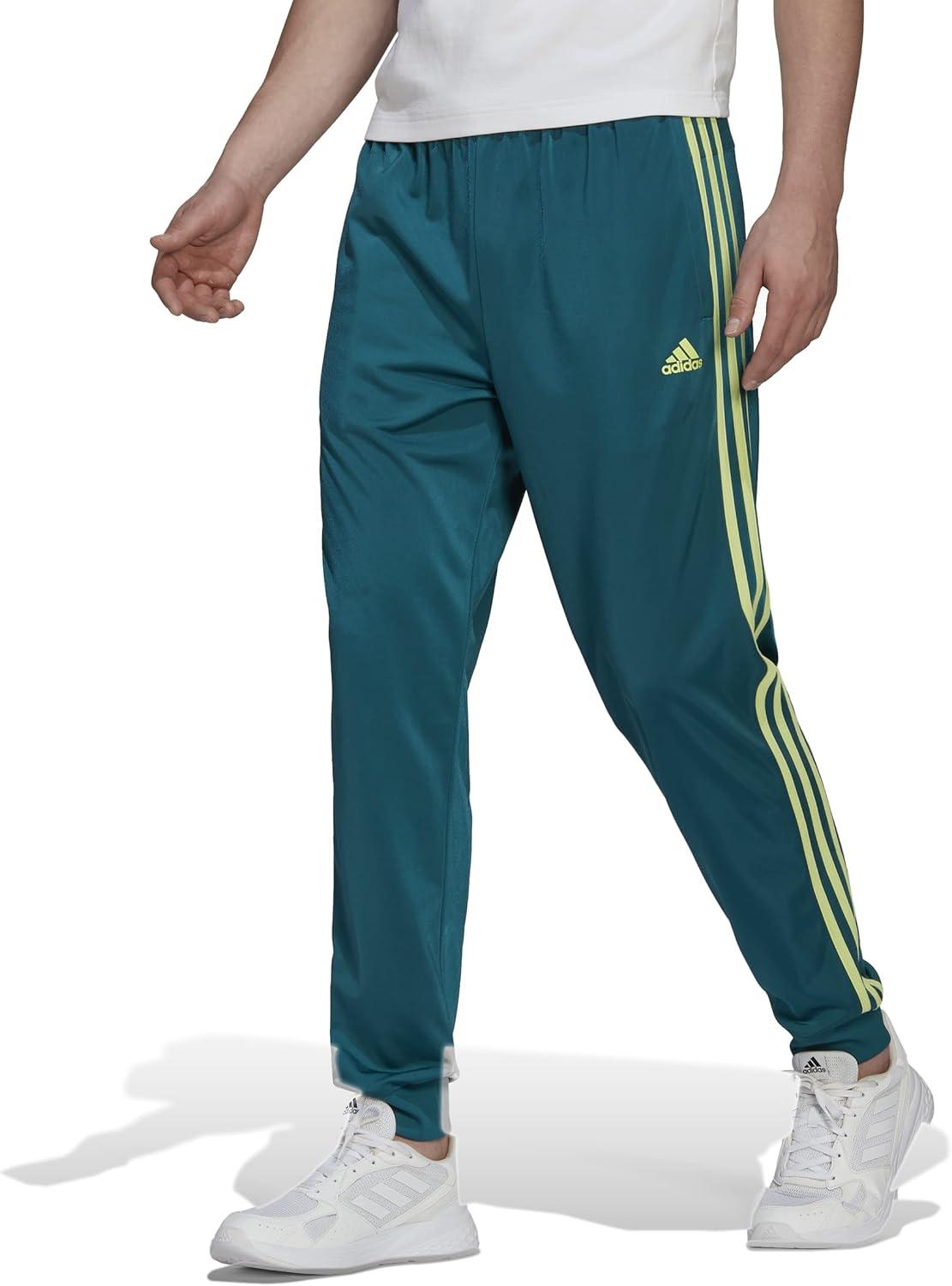 imageAdidas Mens Essentials WarmUp Slim Tapered 3Stripes Tracksuit Bottoms BlackWhite LargeLegacy TealPulse Lime
