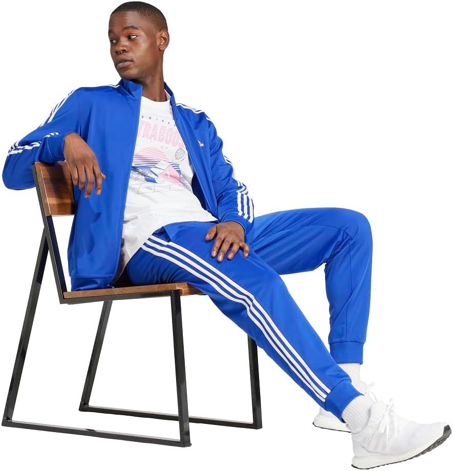 imageAdidas Mens Essentials WarmUp Slim Tapered 3Stripes Tracksuit Bottoms BlackWhite LargeSemi Lucid BlueWhite