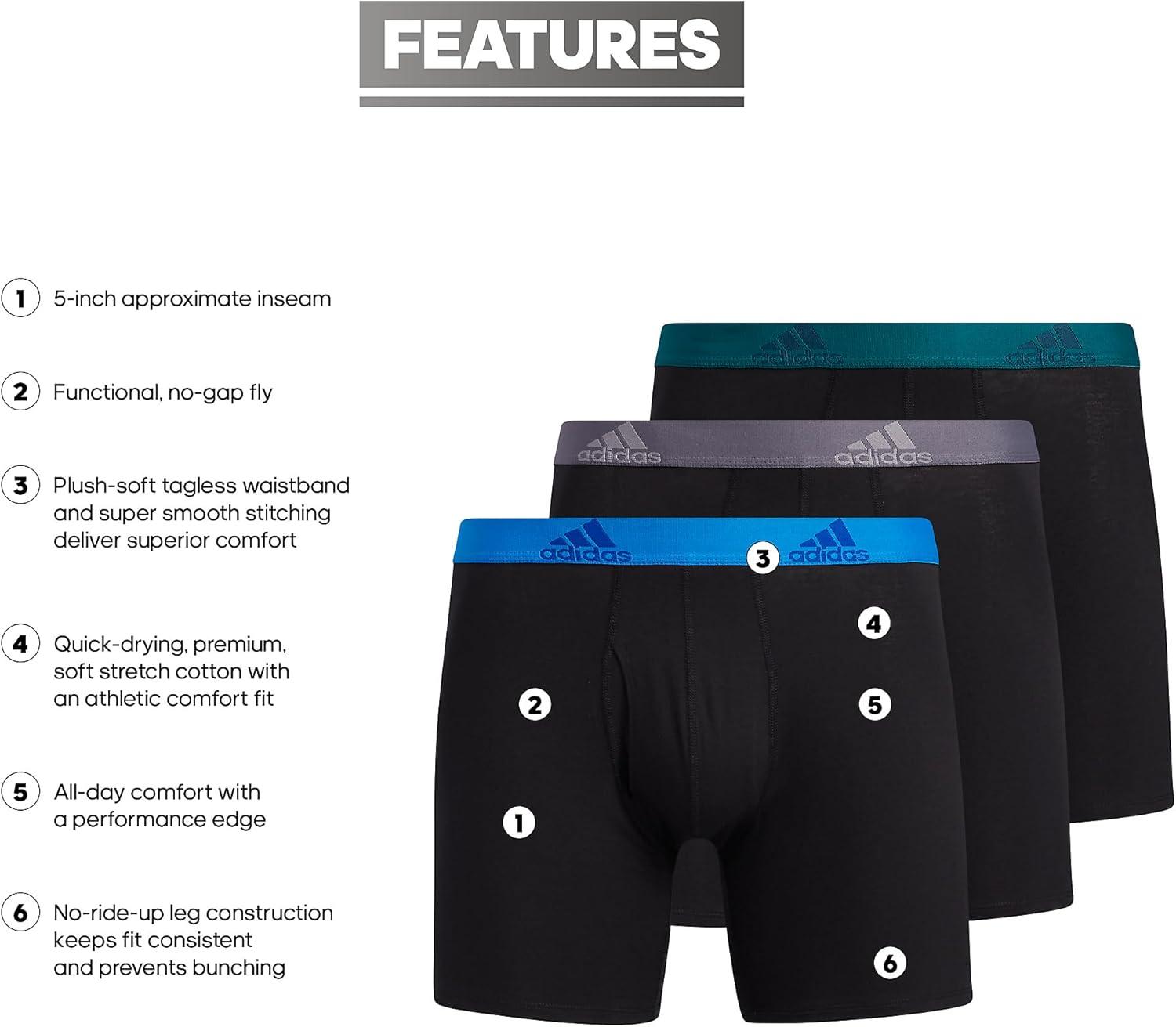 imageadidas Mens Performance Stretch Cotton Boxer Briefs Mens Underwear Boxer Brief Soft Stretch Superior Comfort 3PackBlackBlue RushLegacy Teal Green