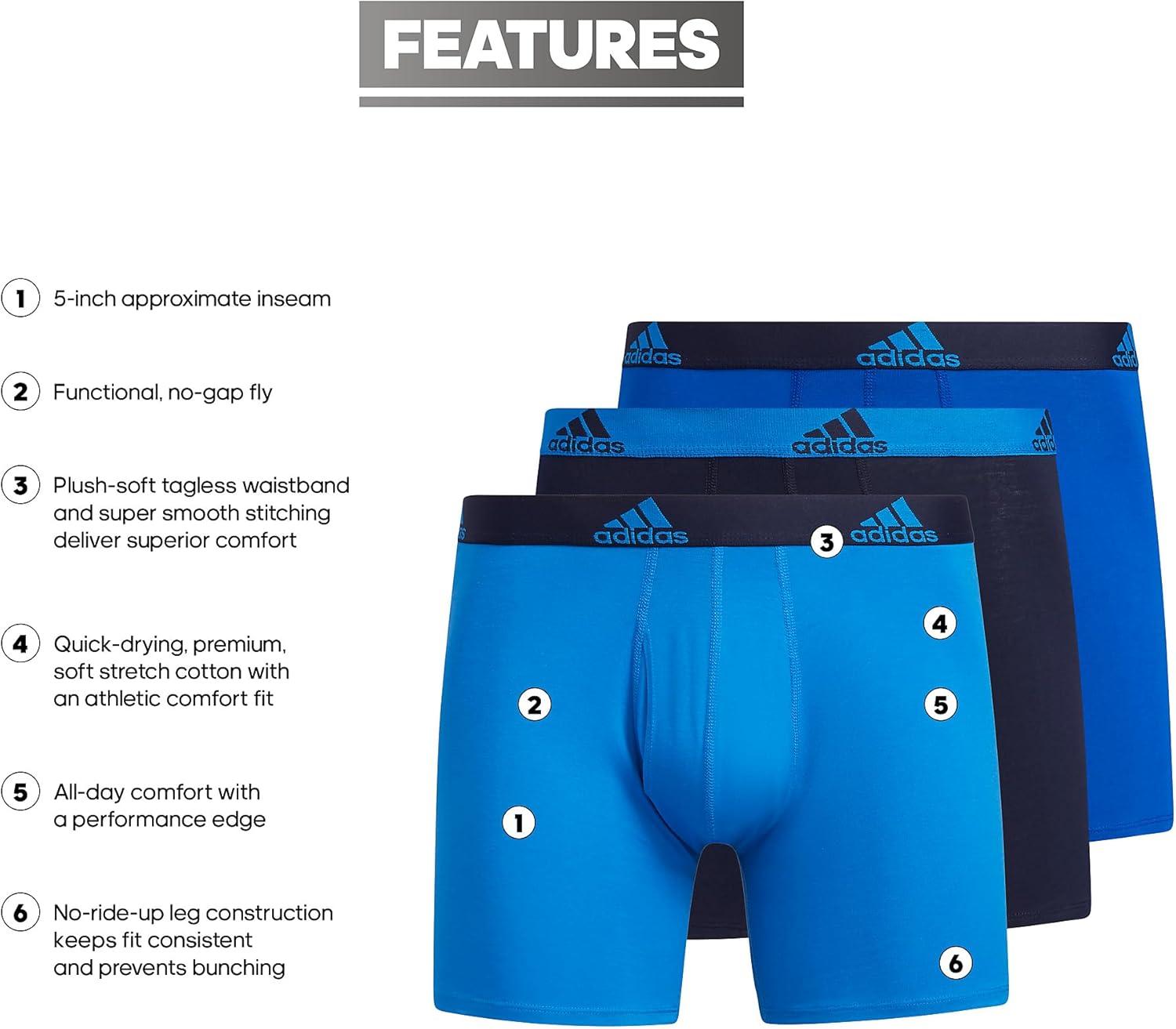 imageadidas Mens Performance Stretch Cotton Boxer Briefs Mens Underwear Boxer Brief Soft Stretch Superior Comfort 3PackBlue RushLegend Ink BlueTeam Royal Blue