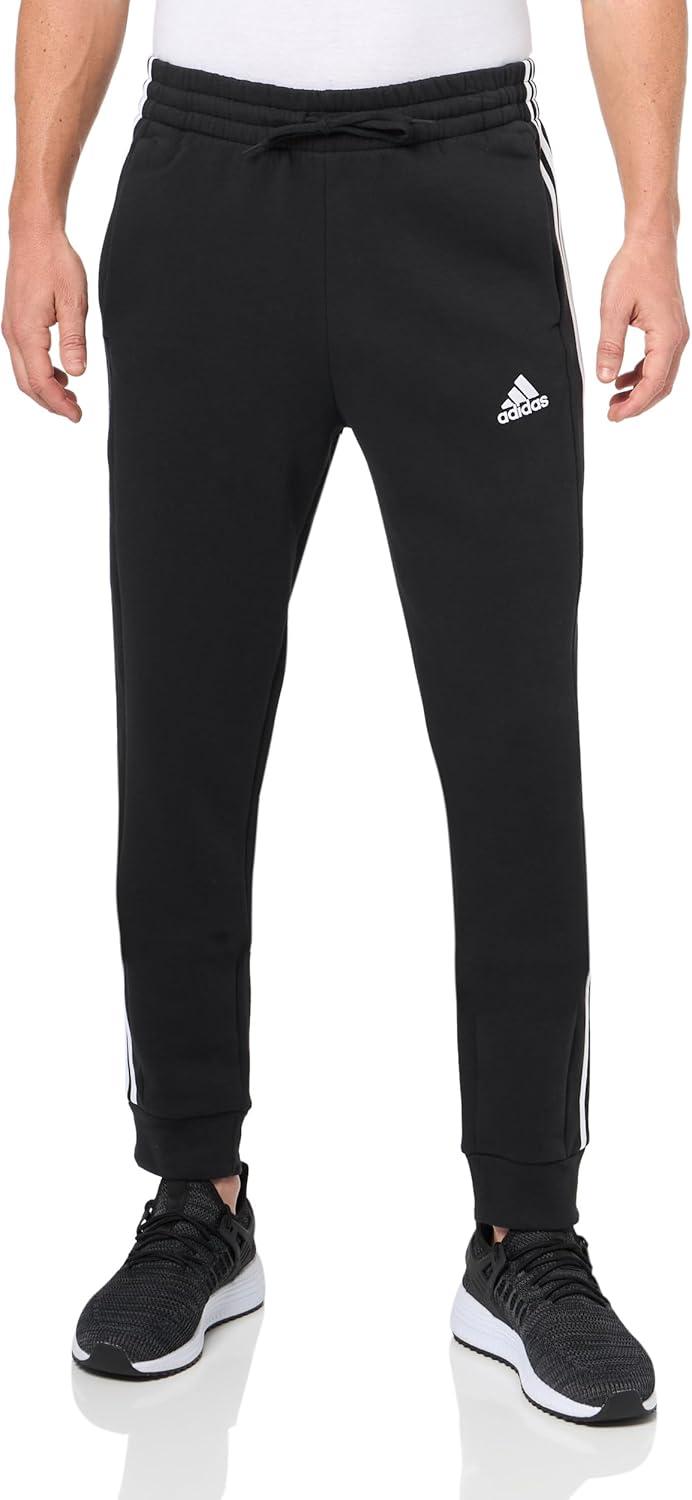 imageadidas Mens Essentials 3Stripes Fleece Tapered Cuff PantsBlackWhite