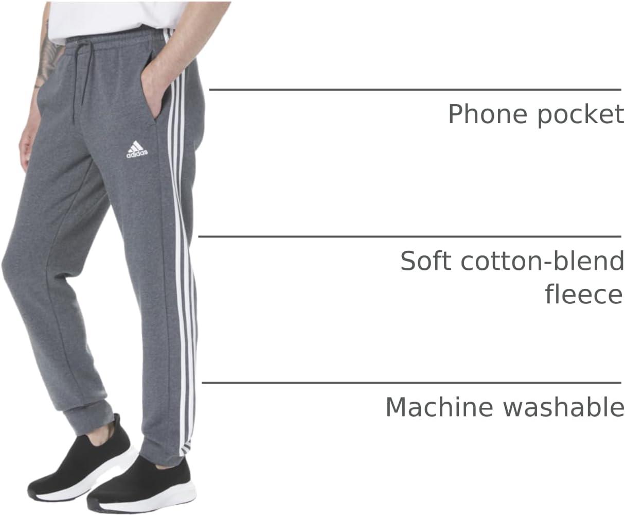 imageadidas Mens Essentials 3Stripes Fleece Tapered Cuff PantsDark Grey Heather