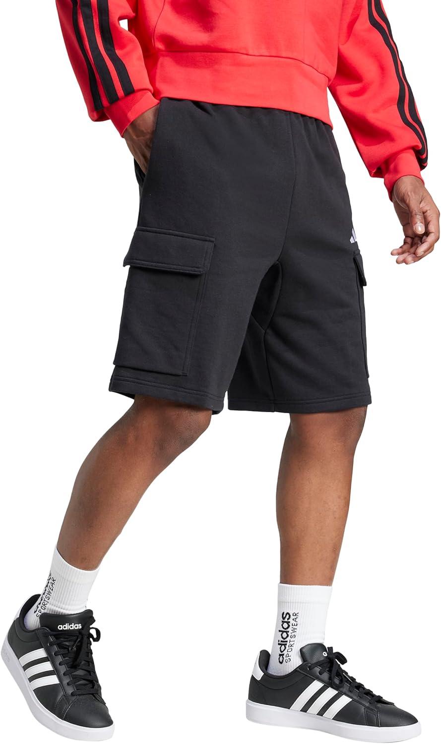 imageadidas Mens Essentials Feel Cozy French Terry Cargo ShortsBlackWhite