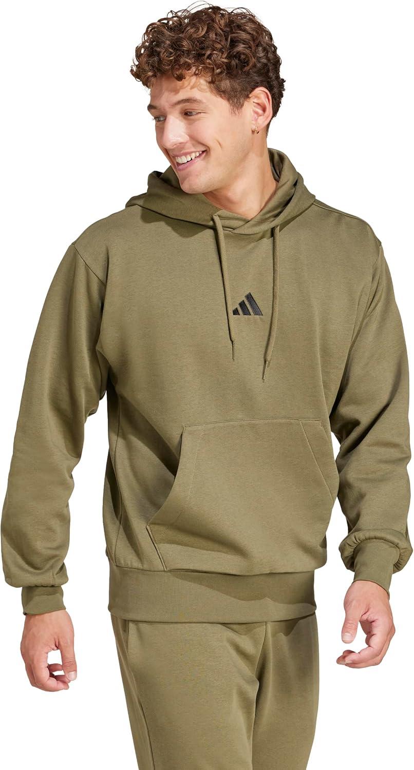 imageadidas Mens Essentials Feel Cozy Fleece Hoodie SweatshirtOlive StrataBlack