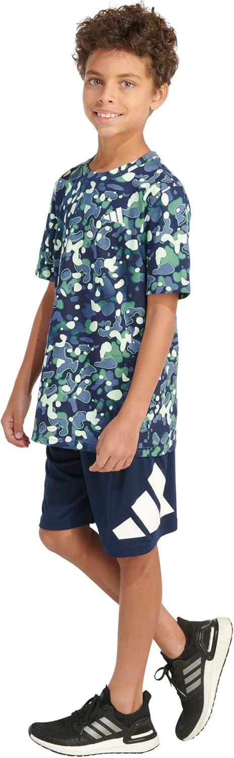 image:imageAdidas Boys Short Sleeve Cotton Camo Print TShirtNavy and Green
