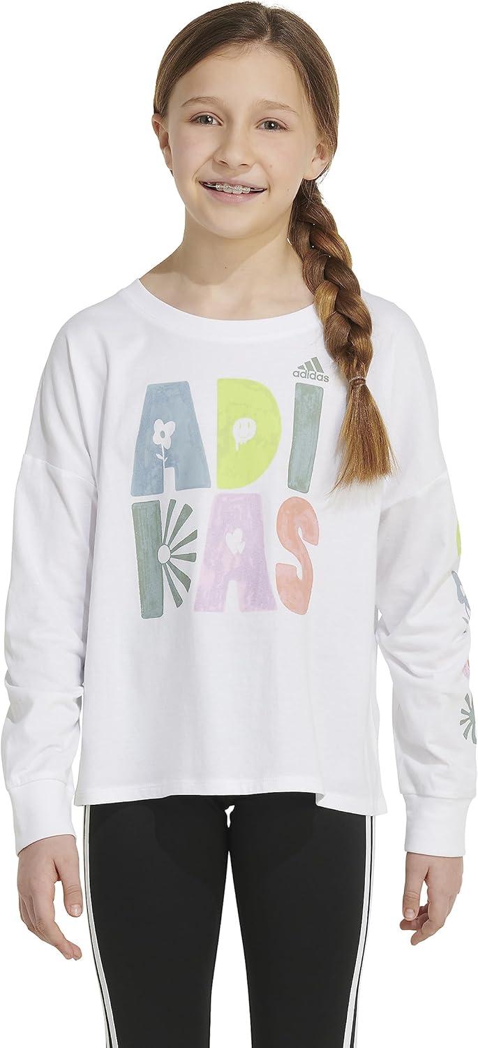 image:imageAdidas Girls Long Sleeve Waist Crew Tee TShirtWhite With Multicolor