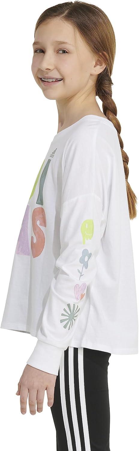 image:imageAdidas Girls Long Sleeve Waist Crew Tee TShirtWhite With Multicolor