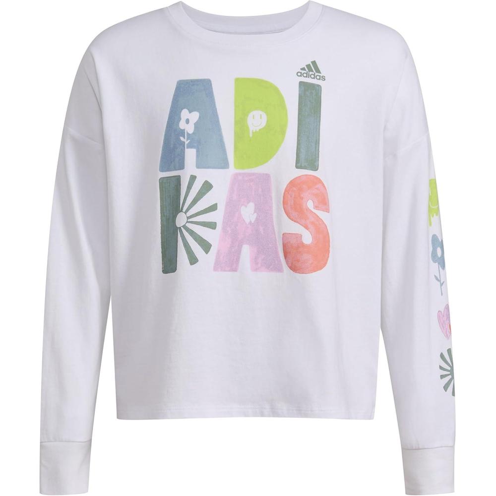 image:imageAdidas Girls Long Sleeve Waist Crew Tee TShirtWhite With Multicolor